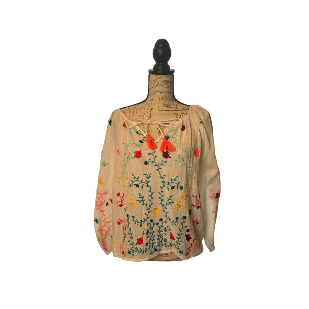 Lovestitch Size Small Embroidered with Floral and Birds Blouse w. Tassels